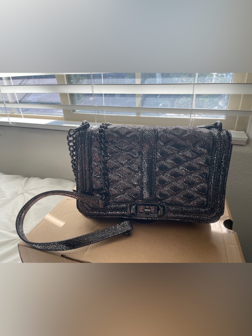 Rebecca Minkoff Metallic Quilted Crossbody Bag - Silver/Black - Chain Strap